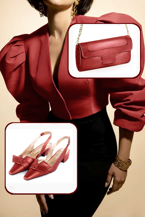 Women's cardinal red elegant slingback heels, with a bow on the front. Tapered toe. Low block heels - Top view